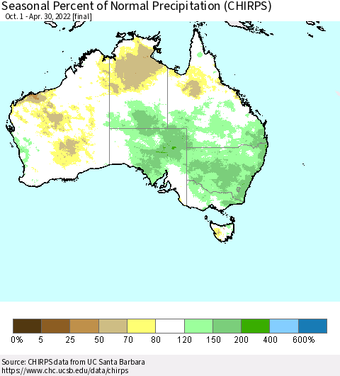 Australia Seasonal Percent of Normal Precipitation (CHIRPS) Thematic Map For 10/1/2021 - 4/30/2022