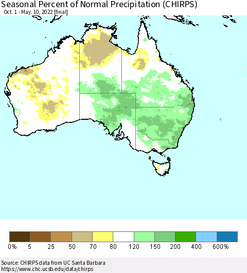 Australia Seasonal Percent of Normal Precipitation (CHIRPS) Thematic Map For 10/1/2021 - 5/10/2022