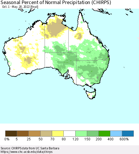 Australia Seasonal Percent of Normal Precipitation (CHIRPS) Thematic Map For 10/1/2021 - 5/20/2022
