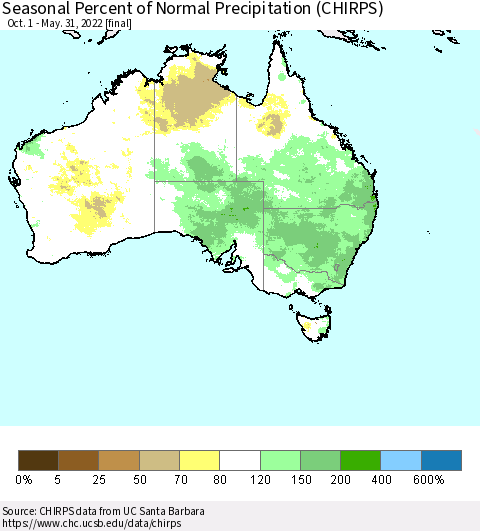 Australia Seasonal Percent of Normal Precipitation (CHIRPS) Thematic Map For 10/1/2021 - 5/31/2022