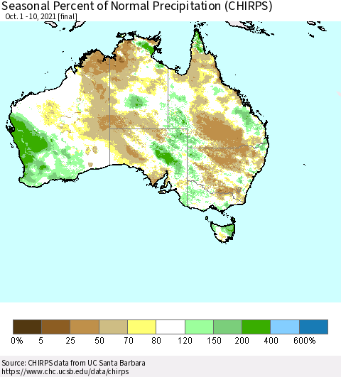 Australia Seasonal Percent of Normal Precipitation (CHIRPS) Thematic Map For 10/1/2021 - 10/10/2021