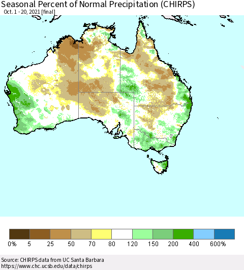 Australia Seasonal Percent of Normal Precipitation (CHIRPS) Thematic Map For 10/1/2021 - 10/20/2021