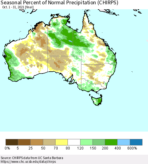 Australia Seasonal Percent of Normal Precipitation (CHIRPS) Thematic Map For 10/1/2021 - 10/31/2021