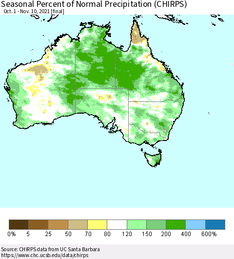 Australia Seasonal Percent of Normal Precipitation (CHIRPS) Thematic Map For 10/1/2021 - 11/10/2021