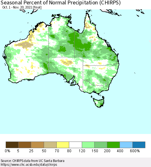 Australia Seasonal Percent of Normal Precipitation (CHIRPS) Thematic Map For 10/1/2021 - 11/20/2021