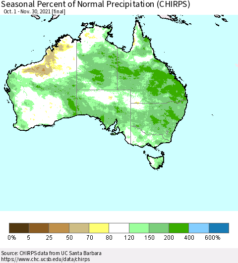 Australia Seasonal Percent of Normal Precipitation (CHIRPS) Thematic Map For 10/1/2021 - 11/30/2021