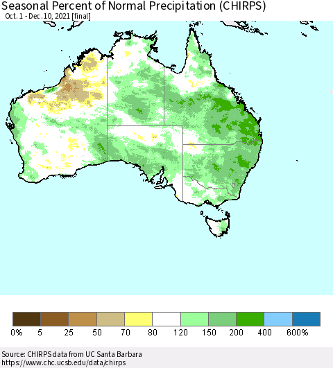 Australia Seasonal Percent of Normal Precipitation (CHIRPS) Thematic Map For 10/1/2021 - 12/10/2021