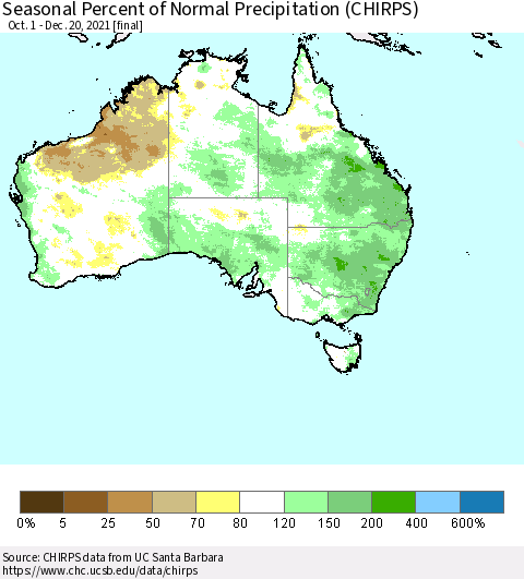 Australia Seasonal Percent of Normal Precipitation (CHIRPS) Thematic Map For 10/1/2021 - 12/20/2021