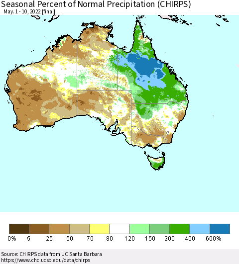 Australia Seasonal Percent of Normal Precipitation (CHIRPS) Thematic Map For 5/1/2022 - 5/10/2022