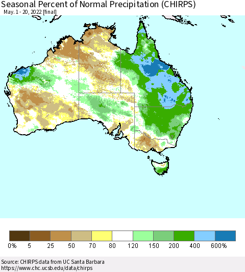 Australia Seasonal Percent of Normal Precipitation (CHIRPS) Thematic Map For 5/1/2022 - 5/20/2022