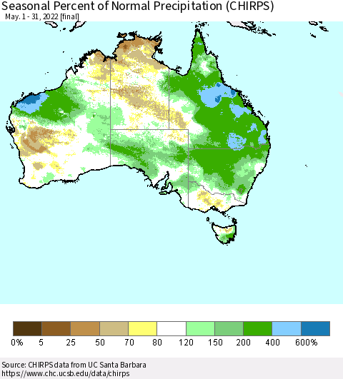 Australia Seasonal Percent of Normal Precipitation (CHIRPS) Thematic Map For 5/1/2022 - 5/31/2022