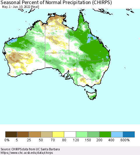 Australia Seasonal Percent of Normal Precipitation (CHIRPS) Thematic Map For 5/1/2022 - 6/10/2022