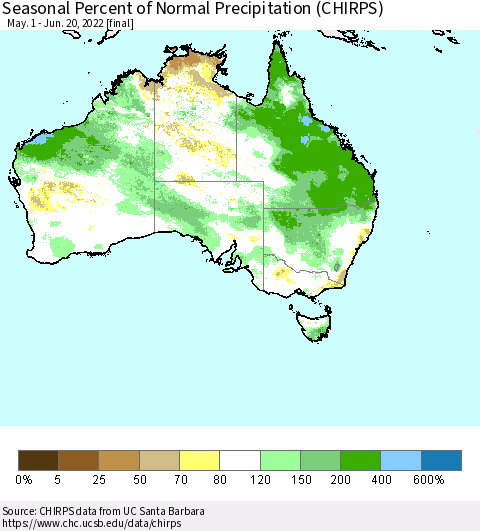 Australia Seasonal Percent of Normal Precipitation (CHIRPS) Thematic Map For 5/1/2022 - 6/20/2022