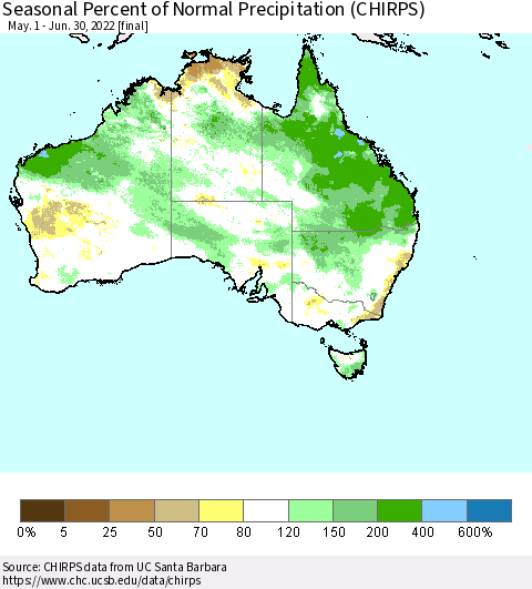 Australia Seasonal Percent of Normal Precipitation (CHIRPS) Thematic Map For 5/1/2022 - 6/30/2022