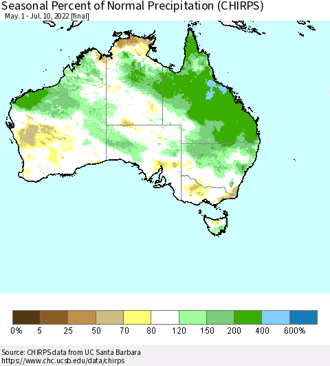Australia Seasonal Percent of Normal Precipitation (CHIRPS) Thematic Map For 5/1/2022 - 7/10/2022