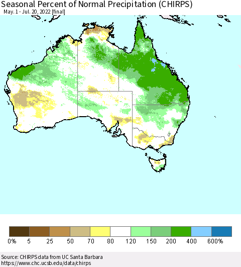 Australia Seasonal Percent of Normal Precipitation (CHIRPS) Thematic Map For 5/1/2022 - 7/20/2022