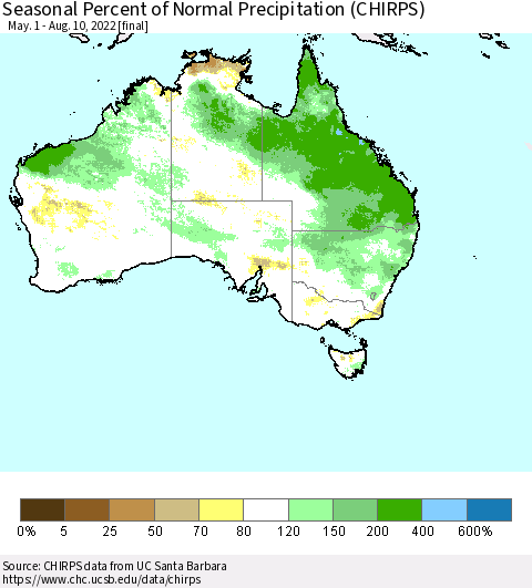 Australia Seasonal Percent of Normal Precipitation (CHIRPS) Thematic Map For 5/1/2022 - 8/10/2022