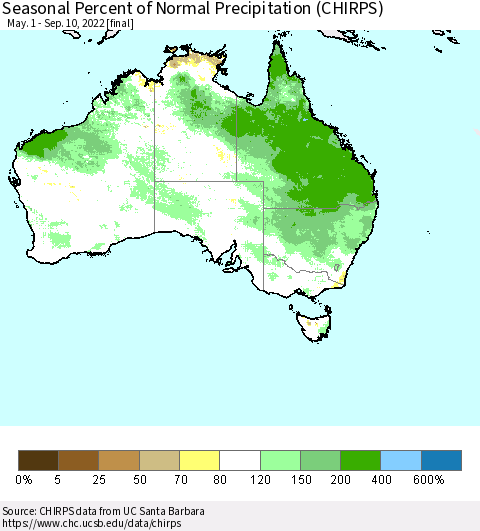 Australia Seasonal Percent of Normal Precipitation (CHIRPS) Thematic Map For 5/1/2022 - 9/10/2022