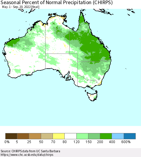 Australia Seasonal Percent of Normal Precipitation (CHIRPS) Thematic Map For 5/1/2022 - 9/20/2022