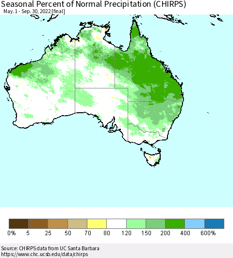 Australia Seasonal Percent of Normal Precipitation (CHIRPS) Thematic Map For 5/1/2022 - 9/30/2022