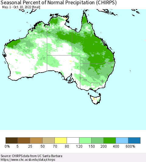 Australia Seasonal Percent of Normal Precipitation (CHIRPS) Thematic Map For 5/1/2022 - 10/10/2022