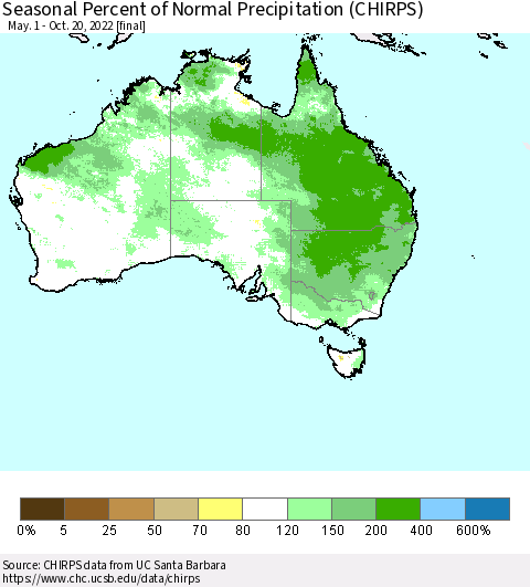 Australia Seasonal Percent of Normal Precipitation (CHIRPS) Thematic Map For 5/1/2022 - 10/20/2022