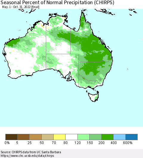 Australia Seasonal Percent of Normal Precipitation (CHIRPS) Thematic Map For 5/1/2022 - 10/31/2022