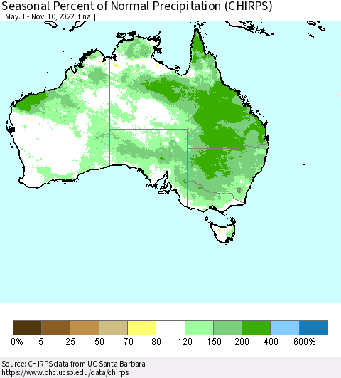 Australia Seasonal Percent of Normal Precipitation (CHIRPS) Thematic Map For 5/1/2022 - 11/10/2022