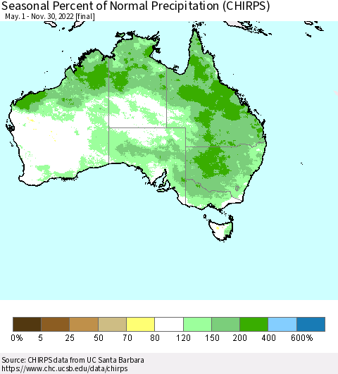 Australia Seasonal Percent of Normal Precipitation (CHIRPS) Thematic Map For 5/1/2022 - 11/30/2022