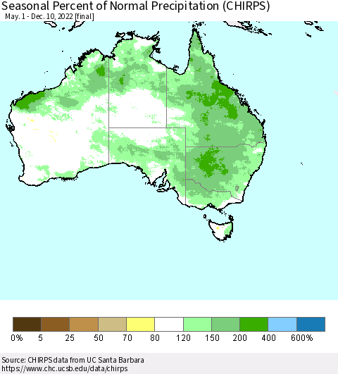 Australia Seasonal Percent of Normal Precipitation (CHIRPS) Thematic Map For 5/1/2022 - 12/10/2022