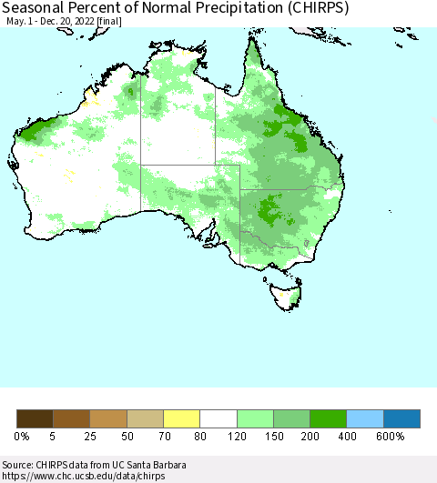 Australia Seasonal Percent of Normal Precipitation (CHIRPS) Thematic Map For 5/1/2022 - 12/20/2022