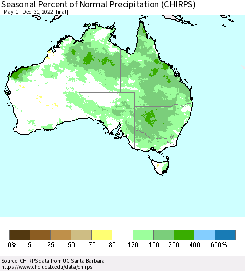 Australia Seasonal Percent of Normal Precipitation (CHIRPS) Thematic Map For 5/1/2022 - 12/31/2022