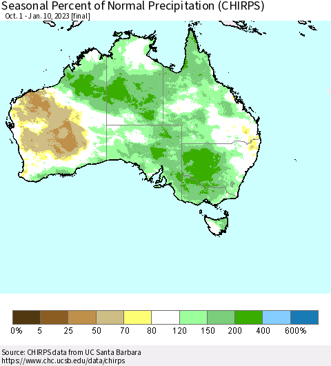 Australia Seasonal Percent of Normal Precipitation (CHIRPS) Thematic Map For 10/1/2022 - 1/10/2023