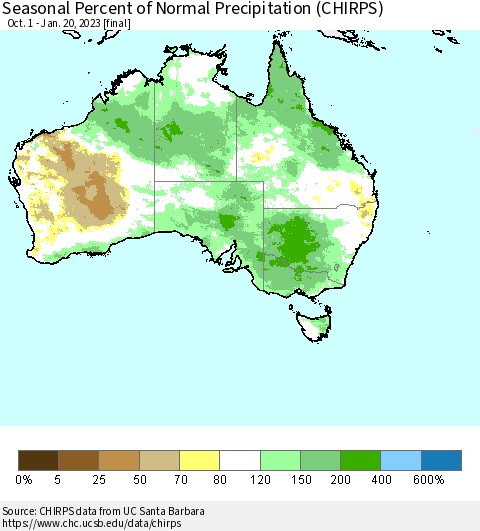 Australia Seasonal Percent of Normal Precipitation (CHIRPS) Thematic Map For 10/1/2022 - 1/20/2023