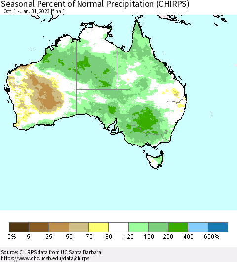 Australia Seasonal Percent of Normal Precipitation (CHIRPS) Thematic Map For 10/1/2022 - 1/31/2023