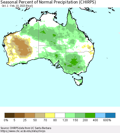 Australia Seasonal Percent of Normal Precipitation (CHIRPS) Thematic Map For 10/1/2022 - 2/10/2023