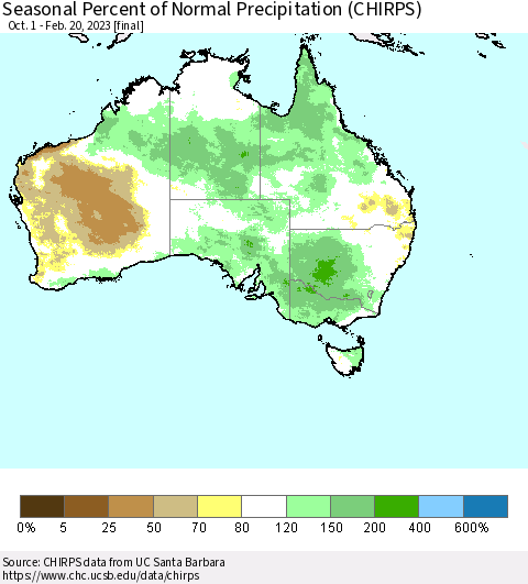Australia Seasonal Percent of Normal Precipitation (CHIRPS) Thematic Map For 10/1/2022 - 2/20/2023