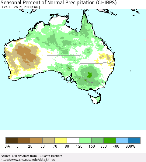 Australia Seasonal Percent of Normal Precipitation (CHIRPS) Thematic Map For 10/1/2022 - 2/28/2023