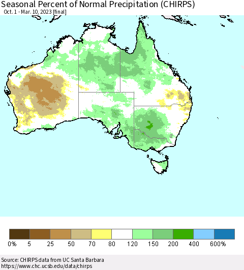 Australia Seasonal Percent of Normal Precipitation (CHIRPS) Thematic Map For 10/1/2022 - 3/10/2023