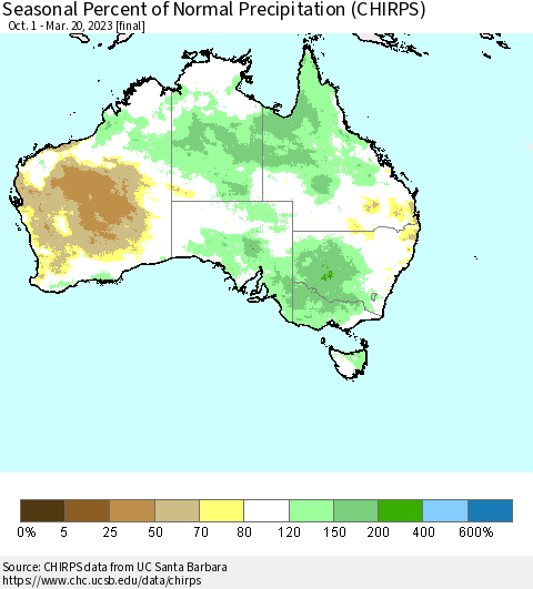 Australia Seasonal Percent of Normal Precipitation (CHIRPS) Thematic Map For 10/1/2022 - 3/20/2023