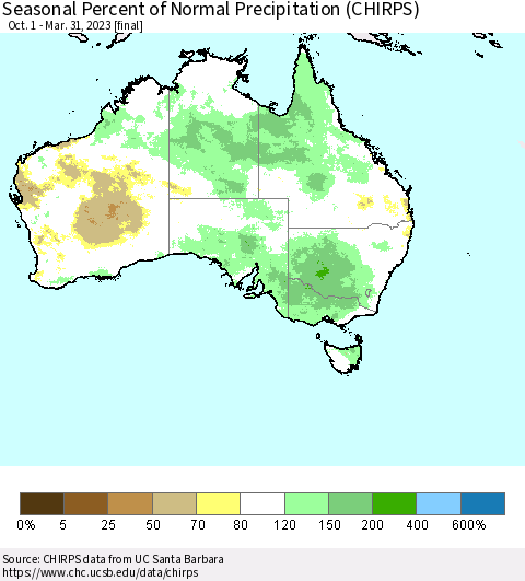 Australia Seasonal Percent of Normal Precipitation (CHIRPS) Thematic Map For 10/1/2022 - 3/31/2023