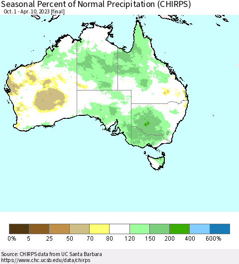 Australia Seasonal Percent of Normal Precipitation (CHIRPS) Thematic Map For 10/1/2022 - 4/10/2023