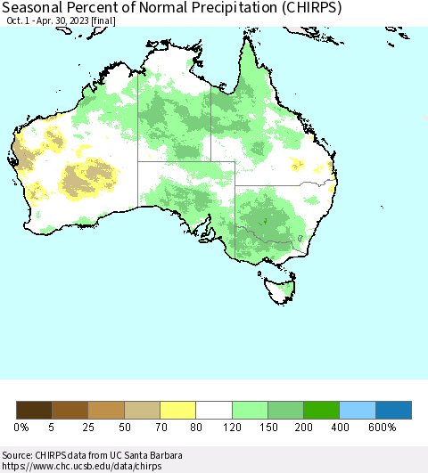 Australia Seasonal Percent of Normal Precipitation (CHIRPS) Thematic Map For 10/1/2022 - 4/30/2023