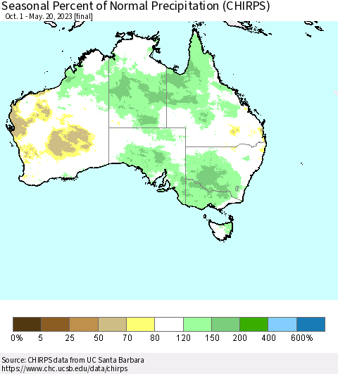 Australia Seasonal Percent of Normal Precipitation (CHIRPS) Thematic Map For 10/1/2022 - 5/20/2023