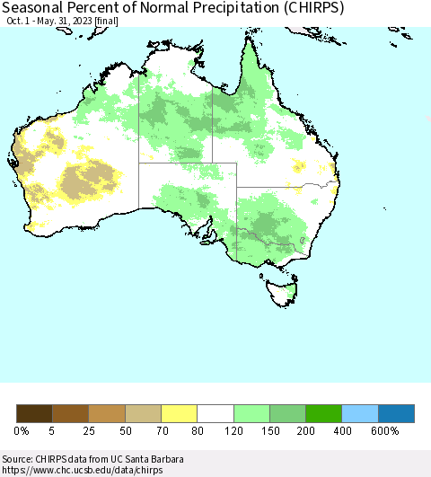 Australia Seasonal Percent of Normal Precipitation (CHIRPS) Thematic Map For 10/1/2022 - 5/31/2023