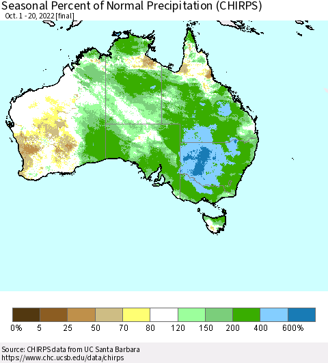 Australia Seasonal Percent of Normal Precipitation (CHIRPS) Thematic Map For 10/1/2022 - 10/20/2022