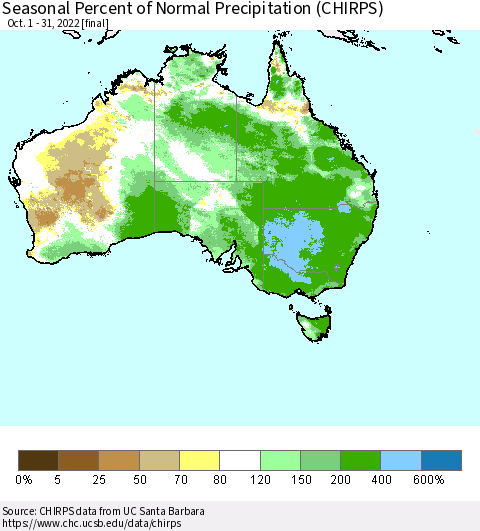 Australia Seasonal Percent of Normal Precipitation (CHIRPS) Thematic Map For 10/1/2022 - 10/31/2022