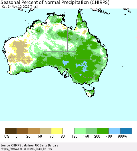 Australia Seasonal Percent of Normal Precipitation (CHIRPS) Thematic Map For 10/1/2022 - 11/10/2022