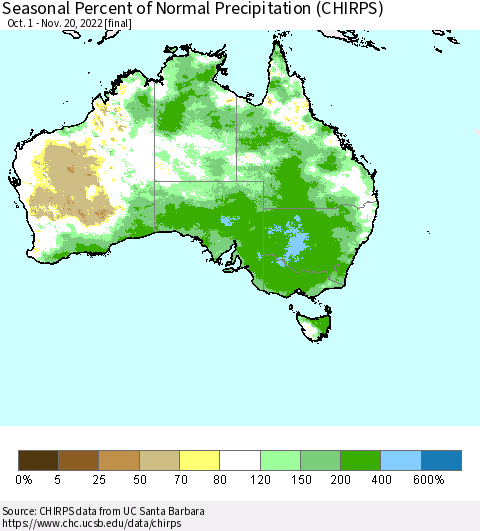Australia Seasonal Percent of Normal Precipitation (CHIRPS) Thematic Map For 10/1/2022 - 11/20/2022