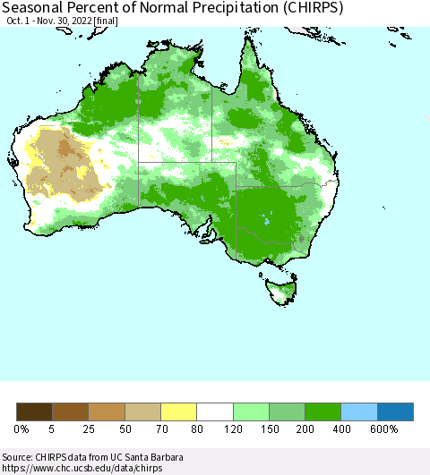 Australia Seasonal Percent of Normal Precipitation (CHIRPS) Thematic Map For 10/1/2022 - 11/30/2022